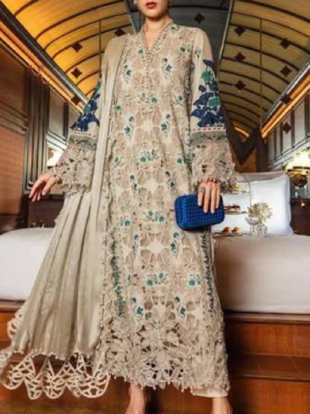 Beige Lace Long-Sleeve Women's Dress with Blue Floral Accents